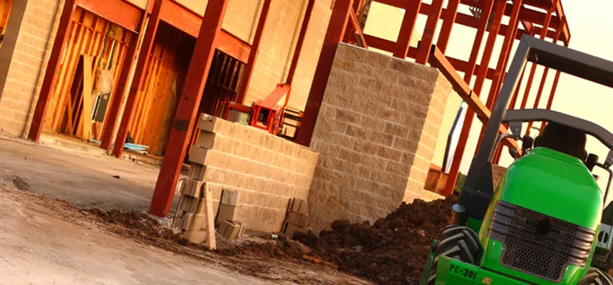Blockwork walls rising from a new foundation on a building site
