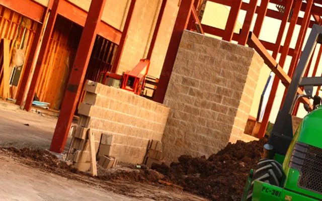 Blockwork walls rising from a new foundation on a building site
