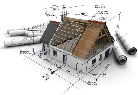 Architectural drawing of a house with its roof structure exposed